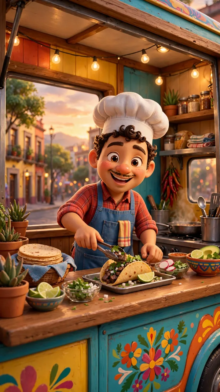 Estilo 3D animado: un taquero en su food truck