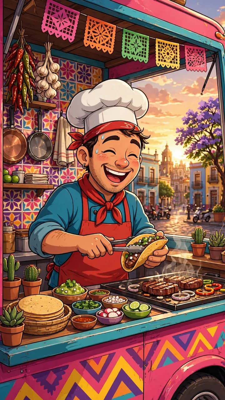 Estilo Caricatura: un taquero en su food truck
