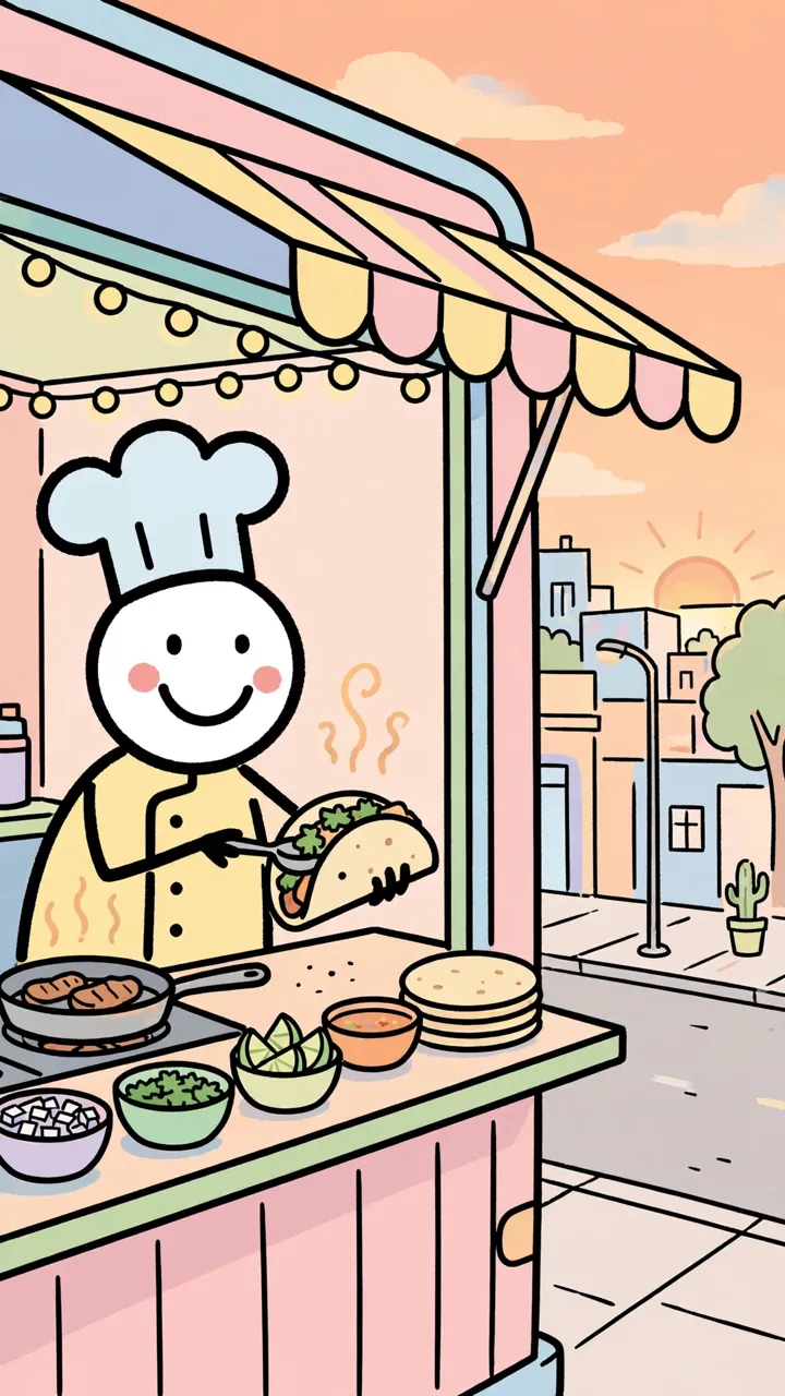 Estilo Doodle: un taquero en su food truck